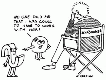 Cartoon of Schrodinger looking exasperated as a particle is arguing about having to coexist as a wave