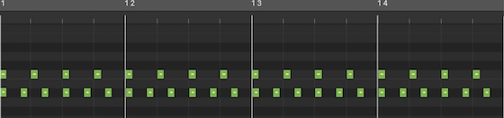 The fifth (3:2) – The image shows the sets of clicks played simultaneously in the audio sequence. The first set (shown in the top line) has 4 clicks per bar, is the root note. Below it is the second set with 6 clicks per bar, a ratio of (3:2) with the root note, creating the fifth note.
