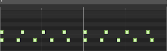 Major third (5:4) – The image shows the two sets of clicks needed to create a major third, repeated over two bars. The first set in the top line is the root note, and has 4 clicks per bar. The second set, for the major third above the root, has 5 clicks per bar.