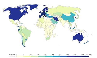 A map indicating COVID-19 cases world wide