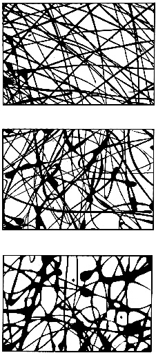 Figure 1: Detail of non-chaotic (top) and chaotic (middle) drip trajectories generated by a pendulum and detail of Pollock's 'Number 14' painting from 1948 (bottom).