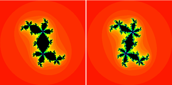 Period 4 and period 5 filled Julia sets.