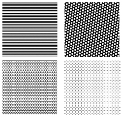Stripy, hexagonal and square patterns of neural activity in V1 generated by a mathematical model. Image from <a href='#one'>[1]</a>, used by permission.