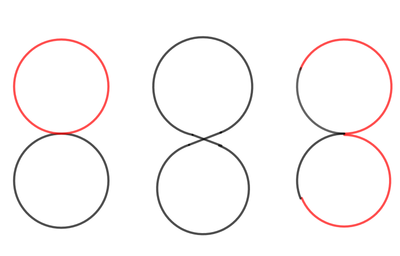 Three 8s, the first made up of a red circle on a black one, the second all black, and the third with three quarters of each circle red