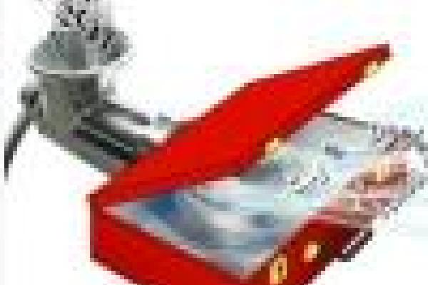 Numbers going into a pipe and coming out of a red suitcase