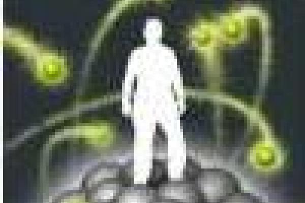 white silhouette standing on atom