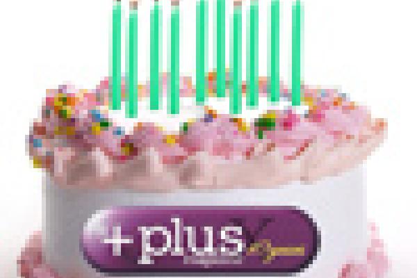 Birthday cake with candles and a plus logo photoshopped onto the cake