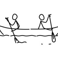 Two stick figures on a boat