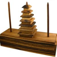 Layered wooden building next to two pegs